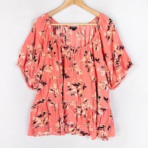 Torrid Womens Babydoll Top Plus Size 2 Coral Pink Floral Tiered Boho Feminine